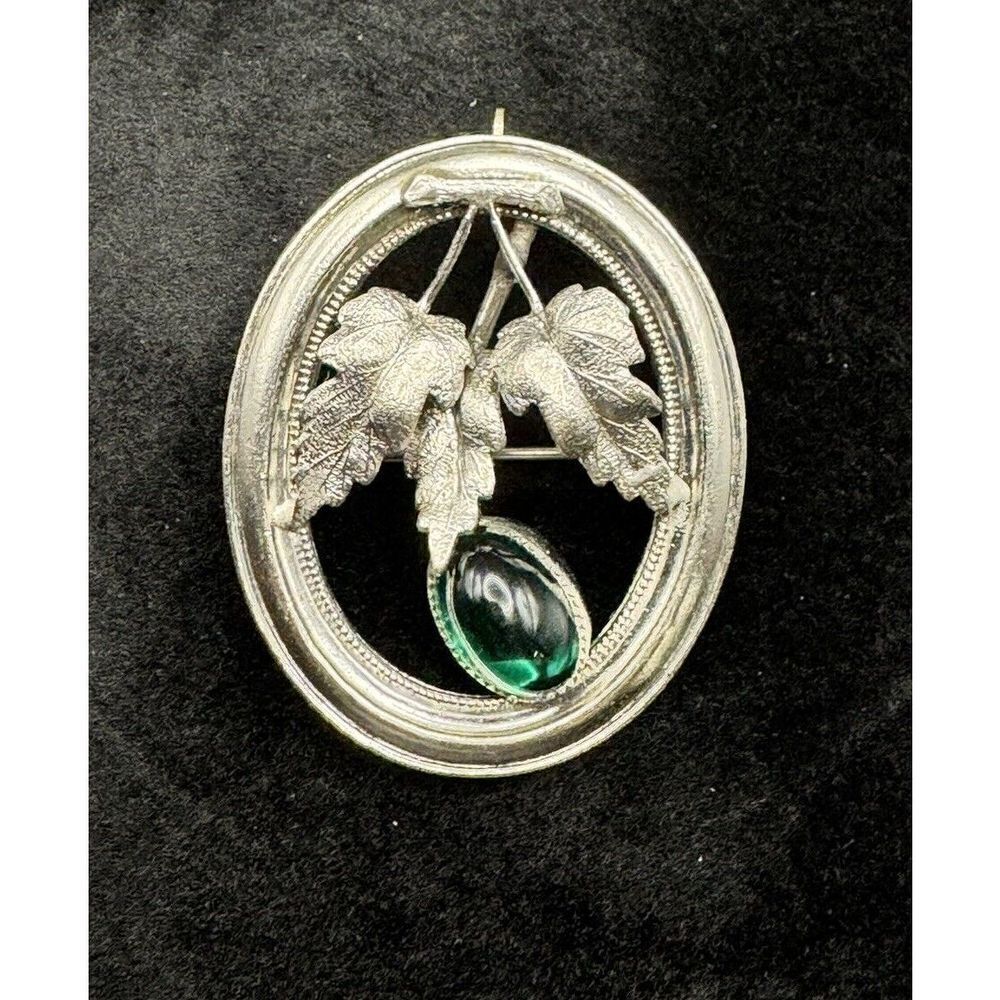 Vintage Silver Tone Oval Leaf Brooch Green Glass‎ Cabochon Pendant Jewelry